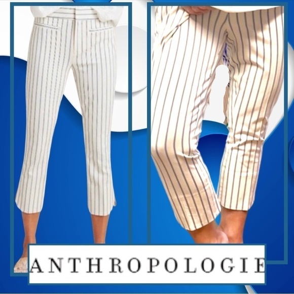 ANTHROPOLOGIE The Essential Slim Striped Cropped Pants Stretch
Cream/Blue Size 8 - Picture 9 of 10